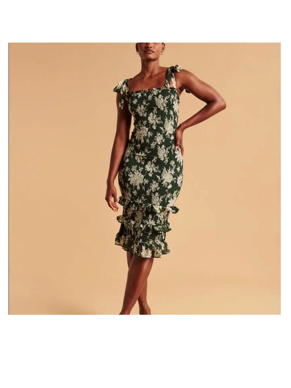 Abercrombie & Fitch Green Floral Tie Strap Smocked Midi Dress Size Small